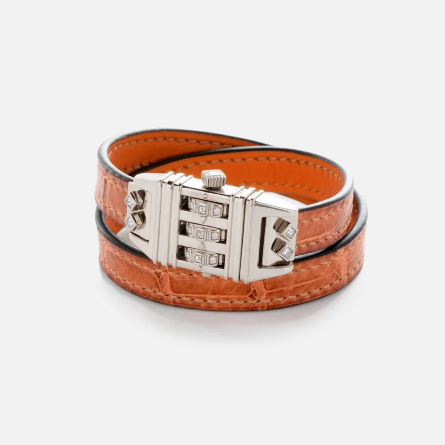 James Banks Design Sterling Silver Code Bracelet with White Diamond & Orange Crocodile Leather Strap